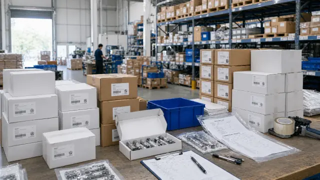 Export warehouse scene with labeled cartons and global supply preparation.