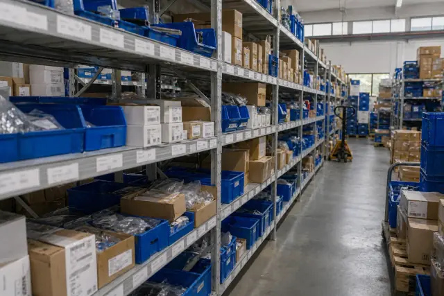 Industrial inventory aisle and picking area for verified injector orders.