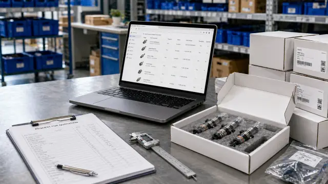 Procurement workbench with XPI injector order paperwork, packed parts, and RFQ review materials.